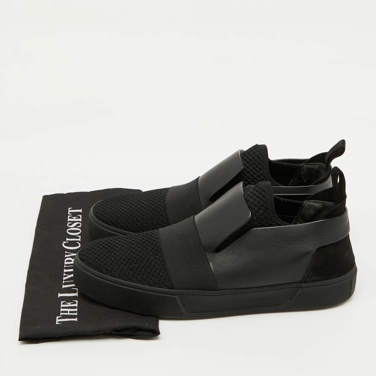 Pre Owned Balenciaga Black Leather and Stretch Knit Slip On Sneakers Size 44
