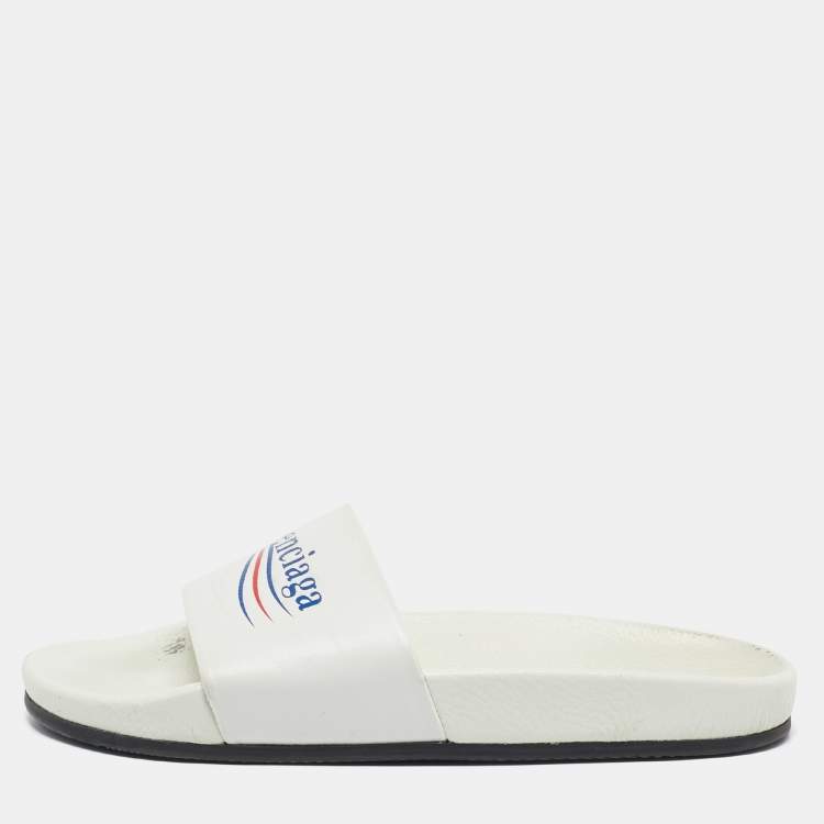 Pre Owned Balenciaga White Leather Political Logo Pool Slides Size 40