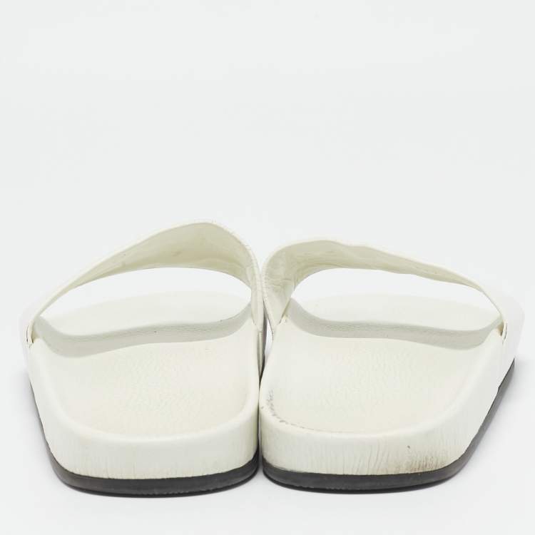 Pre Owned Balenciaga White Leather Political Logo Pool Slides Size 40