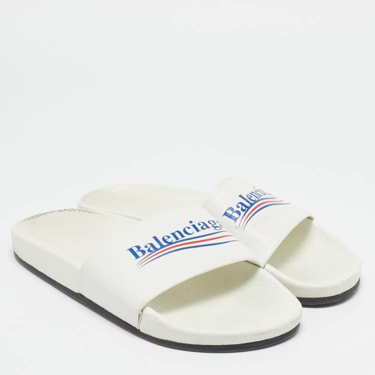 Pre Owned Balenciaga White Leather Political Logo Pool Slides Size 40