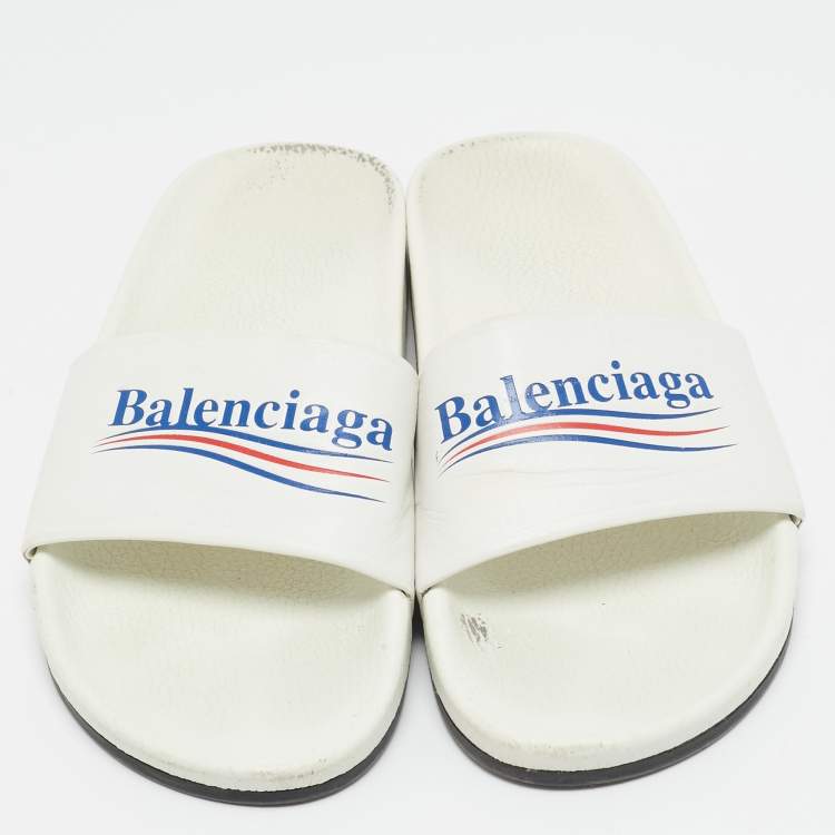 Pre Owned Balenciaga White Leather Political Logo Pool Slides Size 40