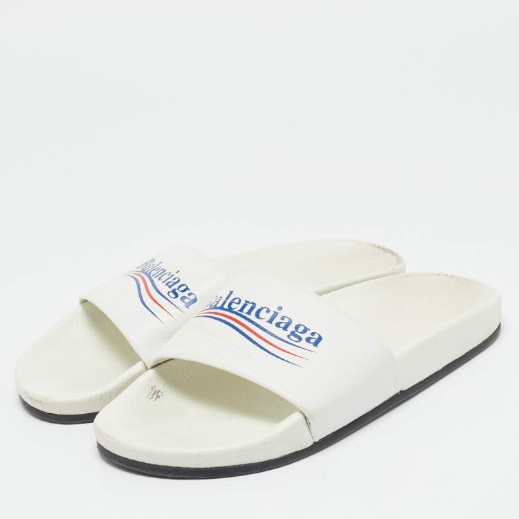 Pre Owned Balenciaga White Leather Political Logo Pool Slides Size 40