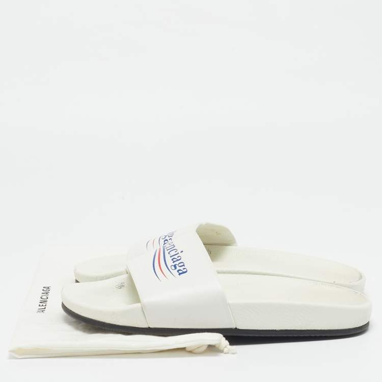 Pre Owned Balenciaga White Leather Political Logo Pool Slides Size 40
