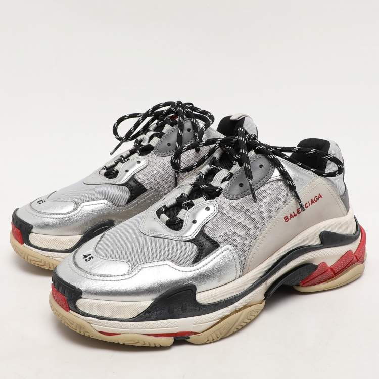 Pre Owned Balenciaga Grey/Silver Leather and Mesh Triple S Low Top Sneakers Size 45