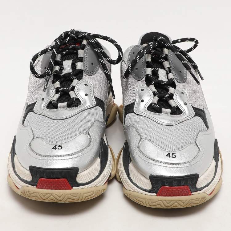 Pre Owned Balenciaga Grey/Silver Leather and Mesh Triple S Low Top Sneakers Size 45