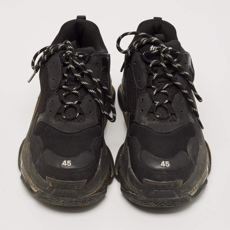 Pre Owned Balenciaga Black Faux Leather and Mesh Triple S Low Top Sneakers Size 45