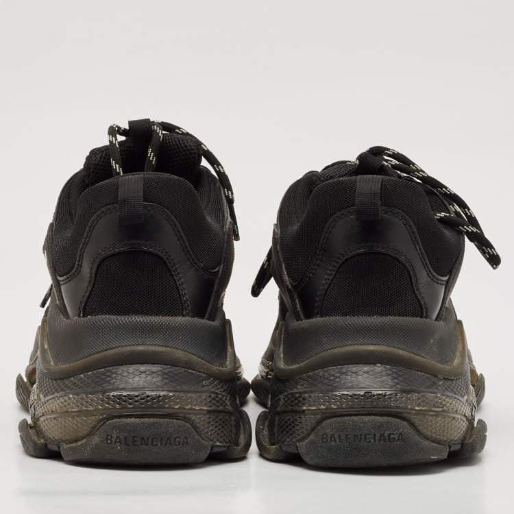 Pre Owned Balenciaga Black Faux Leather and Mesh Triple S Low Top Sneakers Size 45