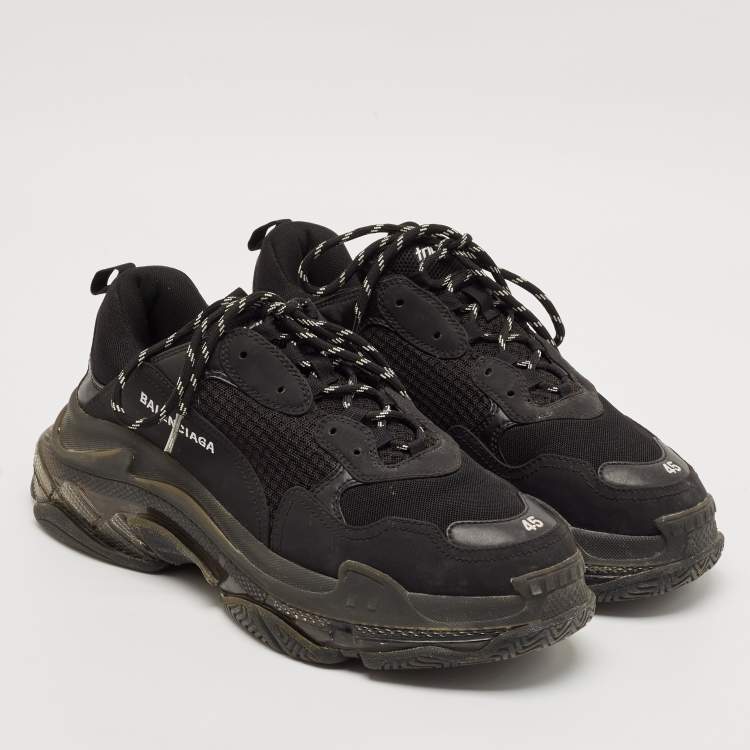 Pre Owned Balenciaga Black Faux Leather and Mesh Triple S Low Top Sneakers Size 45