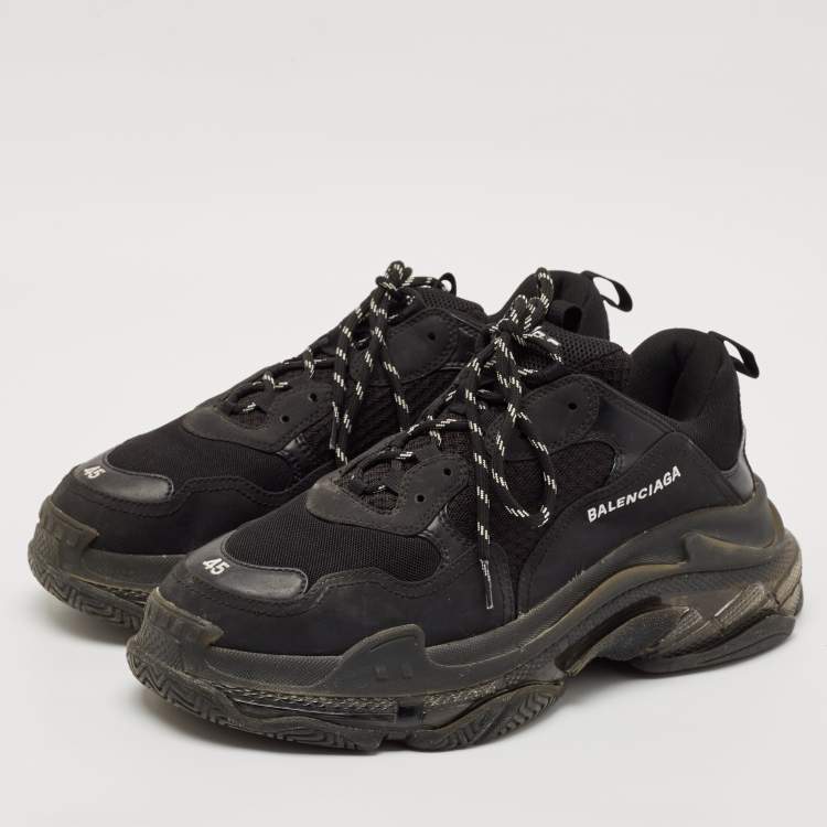 Pre Owned Balenciaga Black Faux Leather and Mesh Triple S Low Top Sneakers Size 45