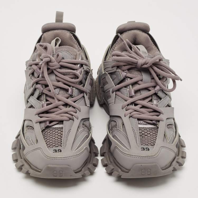Pre Owned Balenciaga Grey Faux Leather and Mesh Track Lace Up Sneakers Size 39