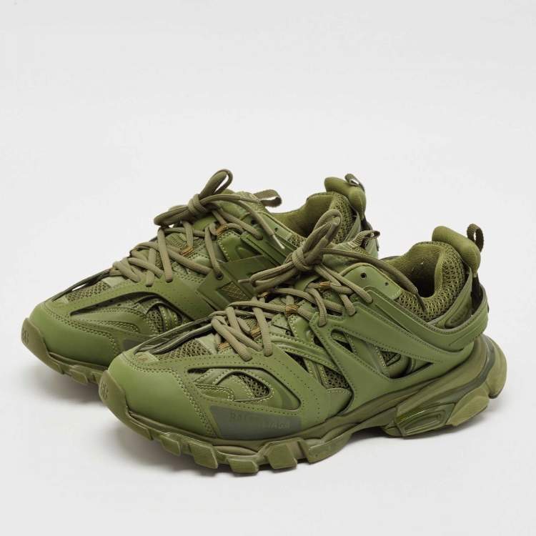 Pre Owned Balenciaga Green Faux Leather and Mesh Track Sneakers Size 44