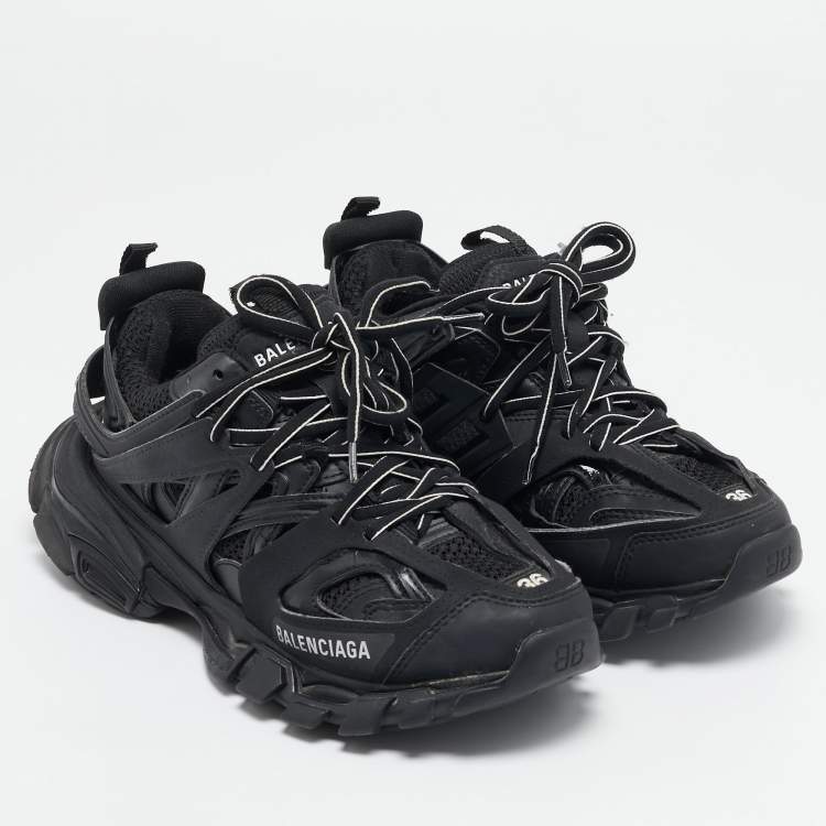 Pre Owned Balenciaga Black Faux Leather and Mesh Track Sneakers Size 36