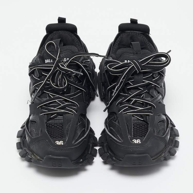 Pre Owned Balenciaga Black Faux Leather and Mesh Track Sneakers Size 36