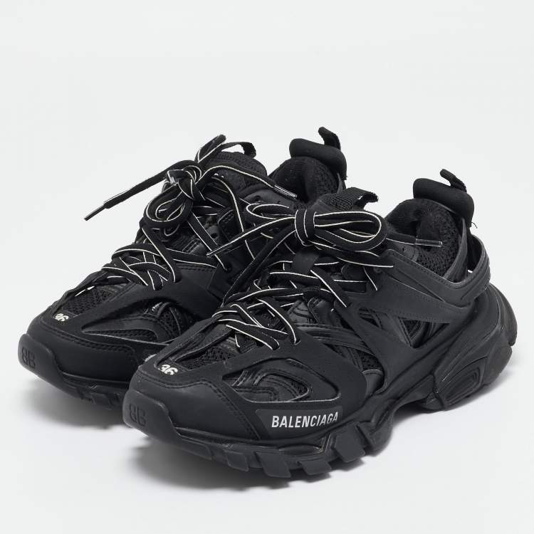 Pre Owned Balenciaga Black Faux Leather and Mesh Track Sneakers Size 36
