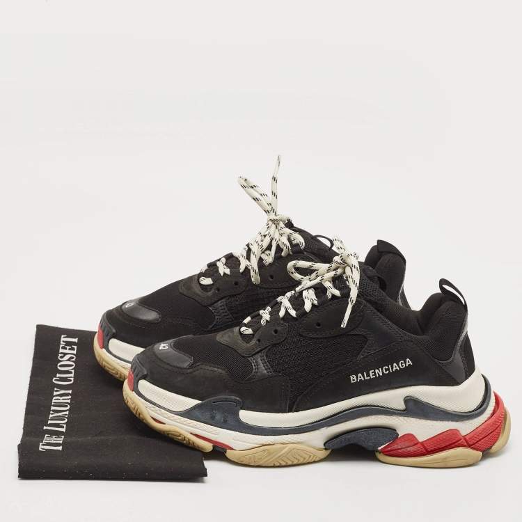 Pre Owned Balenciaga Black Faux Leather and Mesh Triple S Lace Up Sneakers Size 42