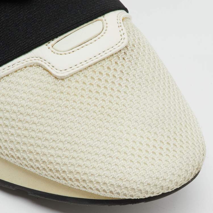 Pre Owned Balenciaga White/Black Leather, Neoprene and Mesh Race Runner Sneakers Size 44