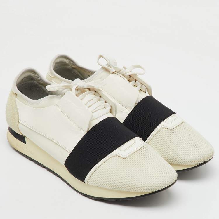 Pre Owned Balenciaga White/Black Leather, Neoprene and Mesh Race Runner Sneakers Size 44