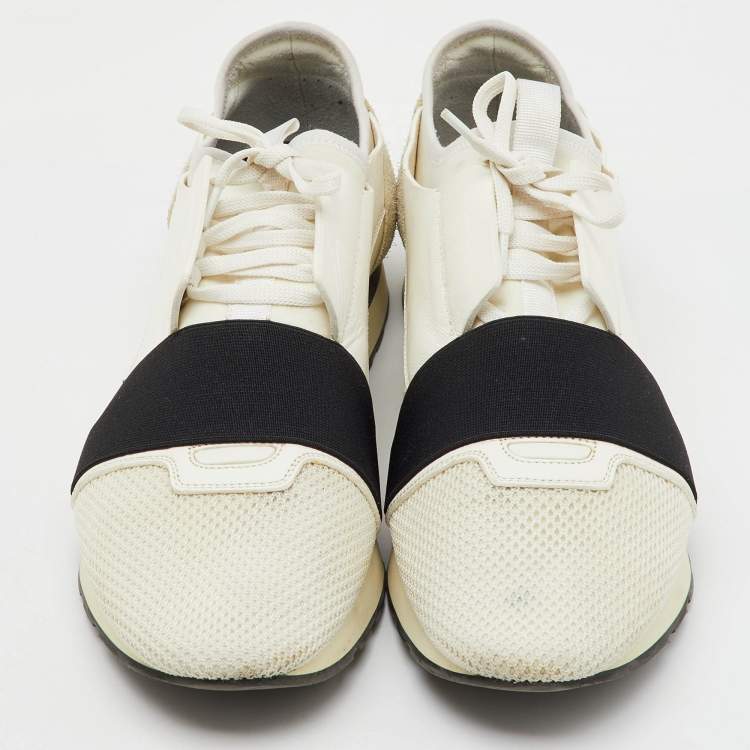 Pre Owned Balenciaga White/Black Leather, Neoprene and Mesh Race Runner Sneakers Size 44