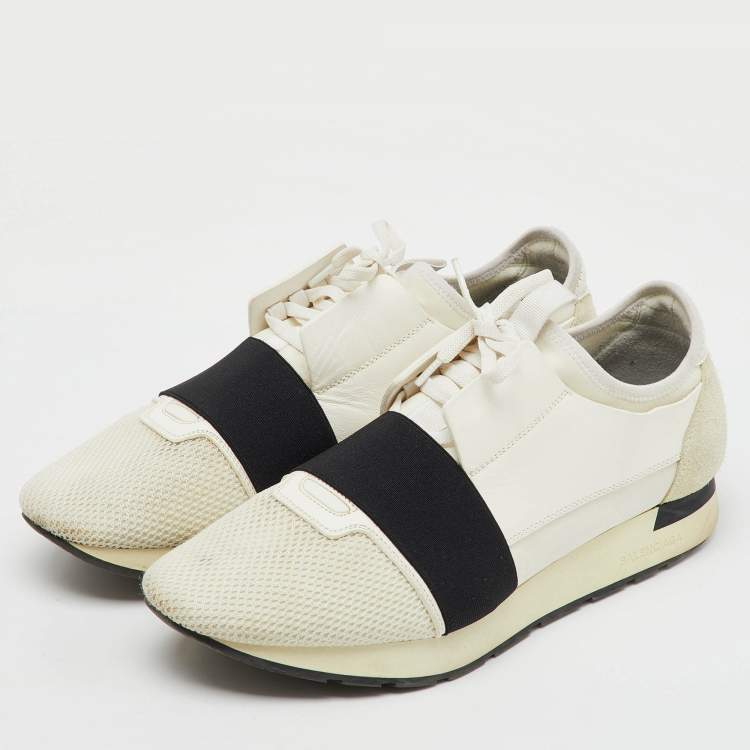 Pre Owned Balenciaga White/Black Leather, Neoprene and Mesh Race Runner Sneakers Size 44