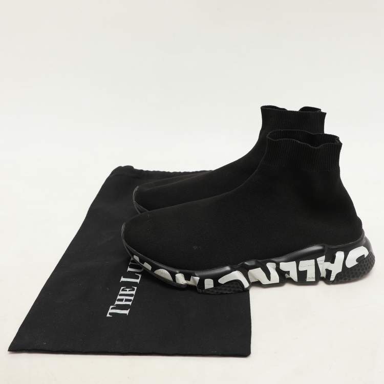 Pre Owned Balenciaga Black Knit Fabric Graffiti Speed Trainer Sneakers Size 41