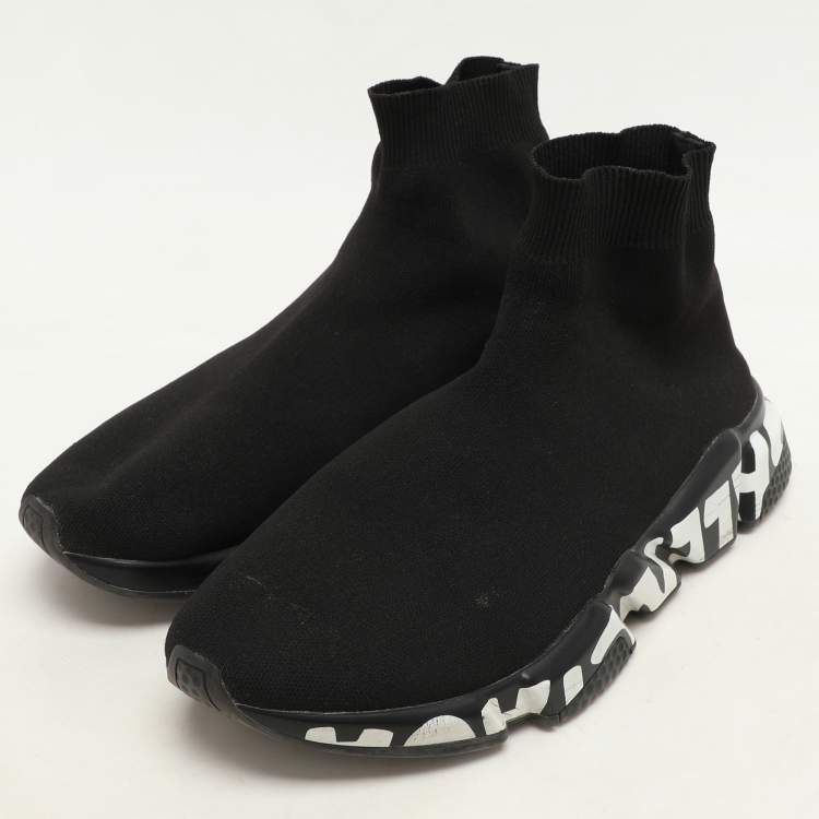 Pre Owned Balenciaga Black Knit Fabric Graffiti Speed Trainer Sneakers Size 41