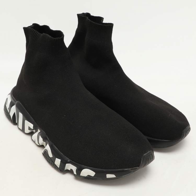 Pre Owned Balenciaga Black Knit Fabric Graffiti Speed Trainer Sneakers Size 41