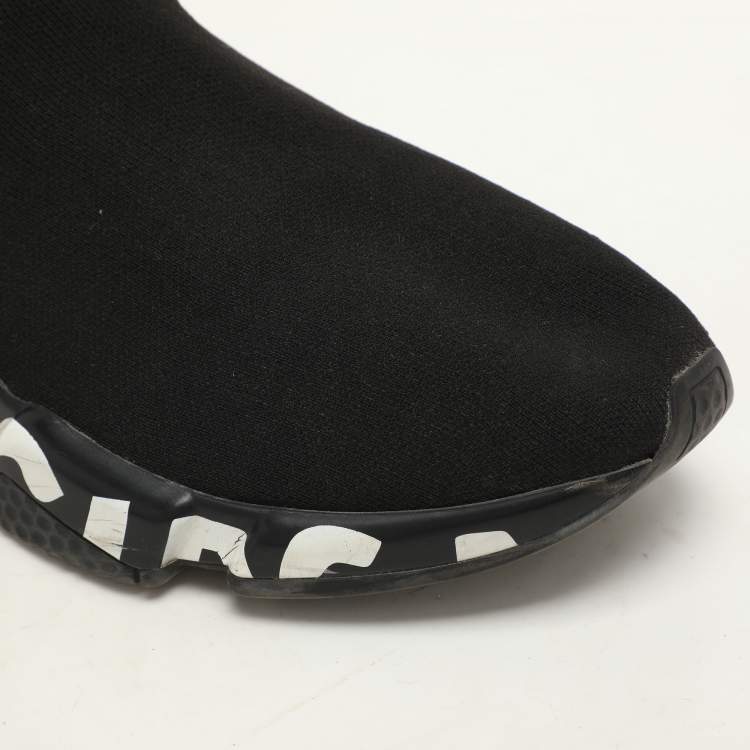 Pre Owned Balenciaga Black Knit Fabric Graffiti Speed Trainer Sneakers Size 41