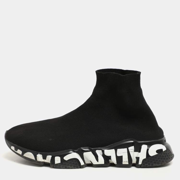 Pre Owned Balenciaga Black Knit Fabric Graffiti Speed Trainer Sneakers Size 41