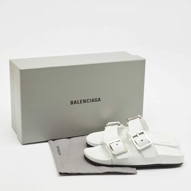 Pre Owned Balenciaga White Leather Mallorca Flat Slides Size 38