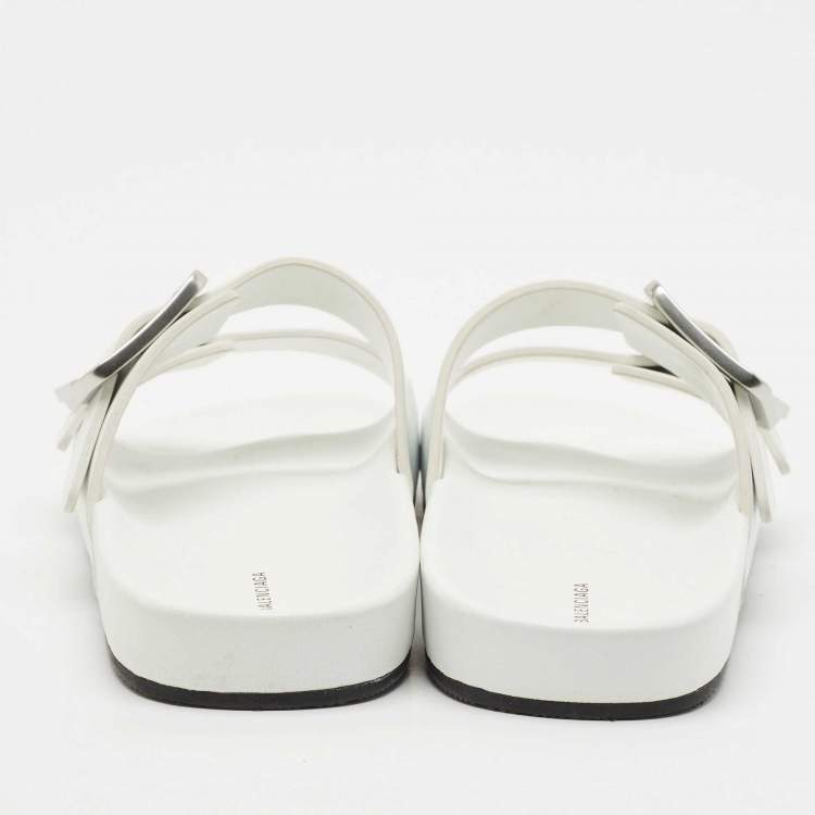 Pre Owned Balenciaga White Leather Mallorca Flat Slides Size 38