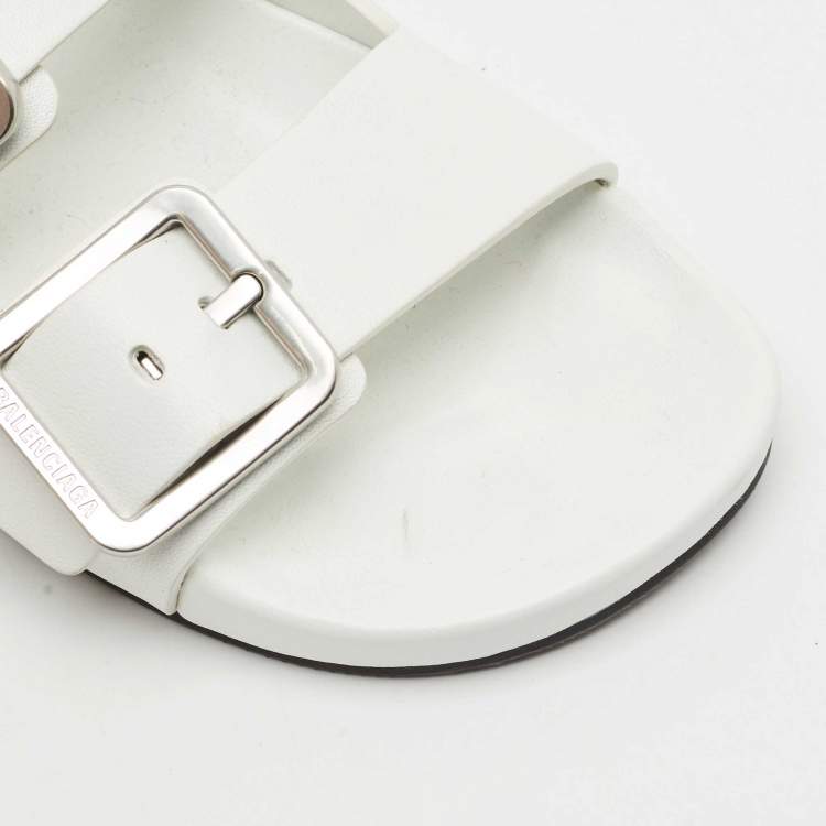 Pre Owned Balenciaga White Leather Mallorca Flat Slides Size 38