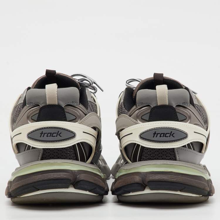 Pre Owned Balenciaga Grey/White Faux Leather and Mesh Track Sneakers Size 43
