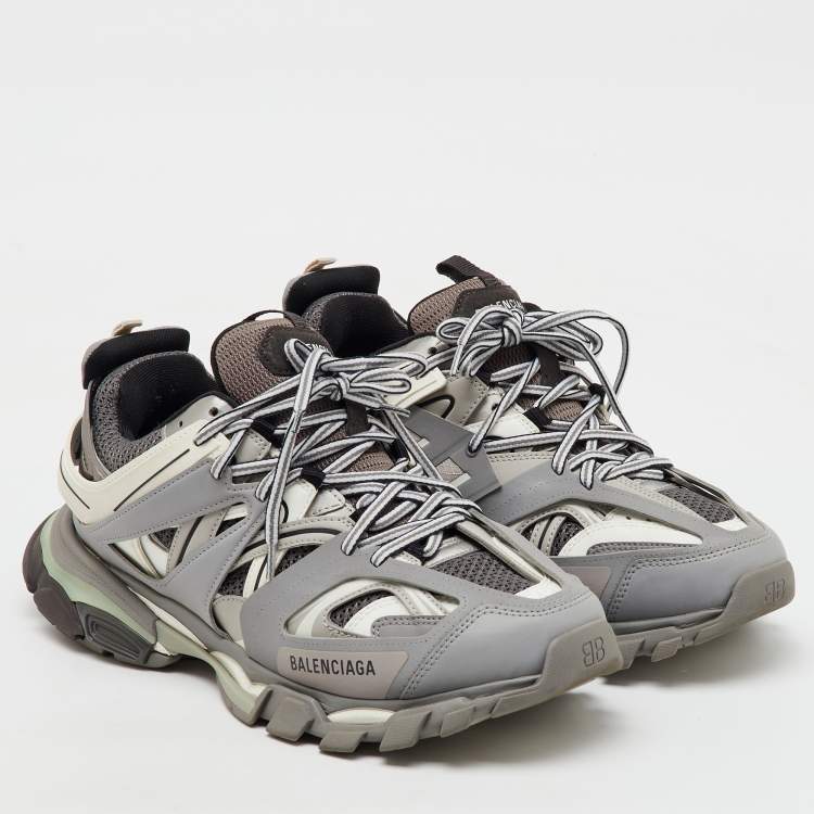 Pre Owned Balenciaga Grey/White Faux Leather and Mesh Track Sneakers Size 43