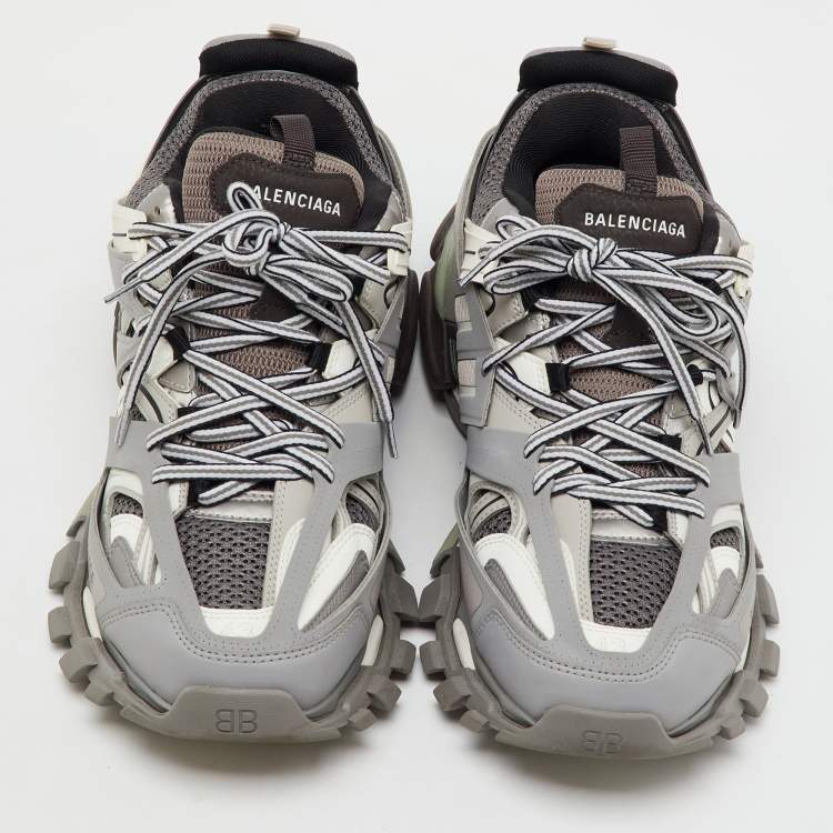 Pre Owned Balenciaga Grey/White Faux Leather and Mesh Track Sneakers Size 43