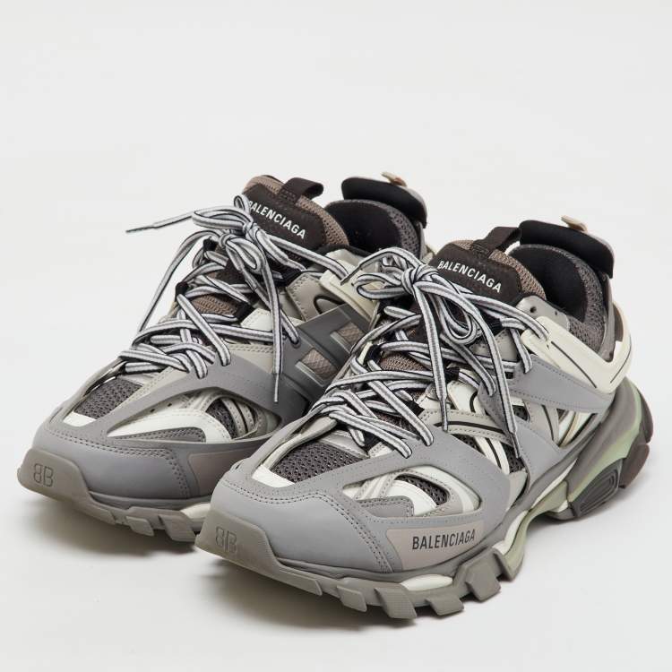Pre Owned Balenciaga Grey/White Faux Leather and Mesh Track Sneakers Size 43