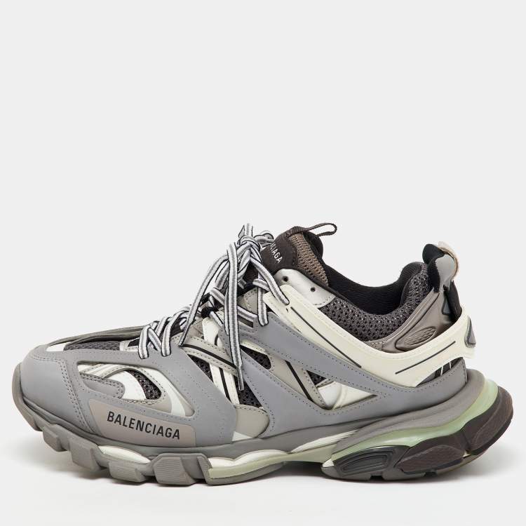 Pre Owned Balenciaga Grey/White Faux Leather and Mesh Track Sneakers Size 43