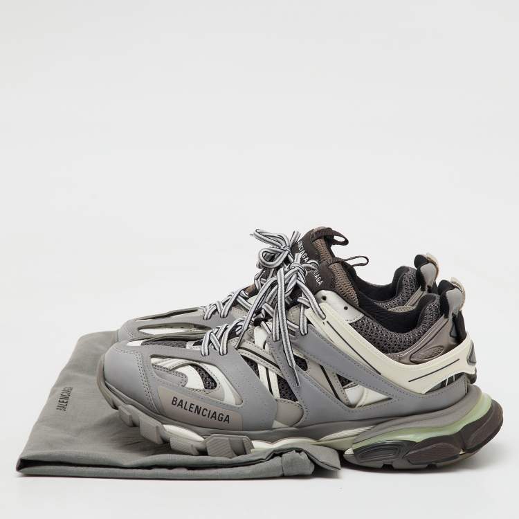 Pre Owned Balenciaga Grey/White Faux Leather and Mesh Track Sneakers Size 43