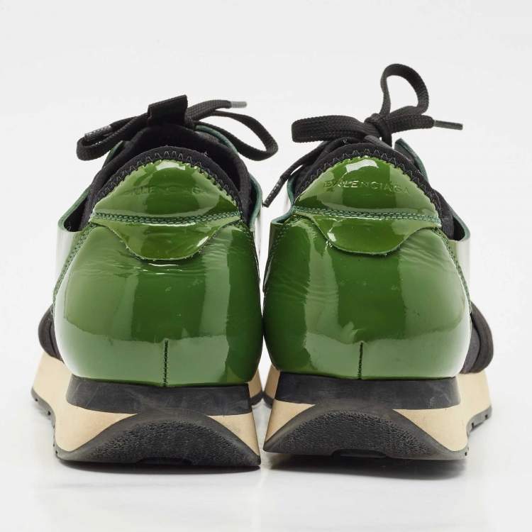 Pre Owned Balenciaga Black/Green Patent Leather and Mesh Race Runner Sneakers Size 41