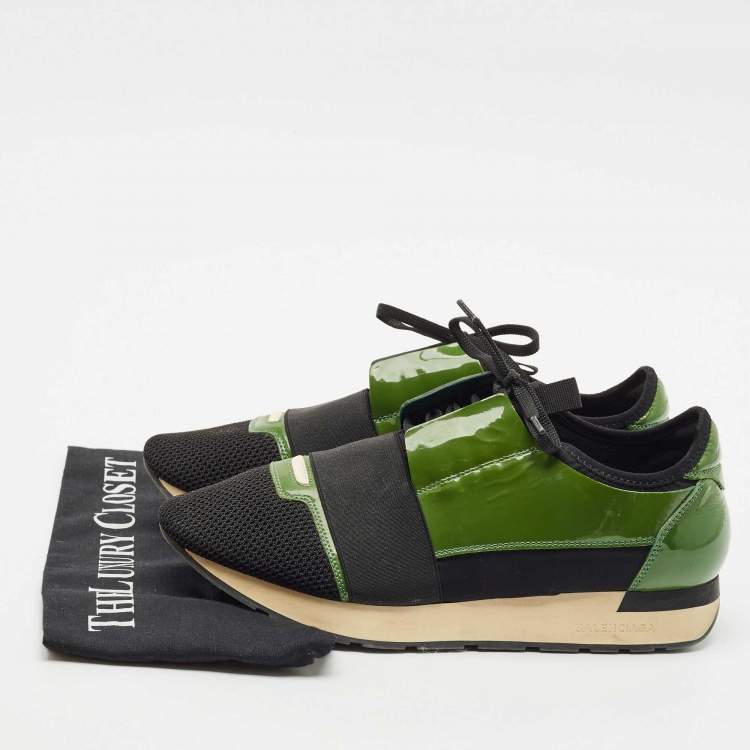 Pre Owned Balenciaga Black/Green Patent Leather and Mesh Race Runner Sneakers Size 41
