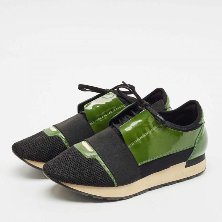 Pre Owned Balenciaga Black/Green Patent Leather and Mesh Race Runner Sneakers Size 41