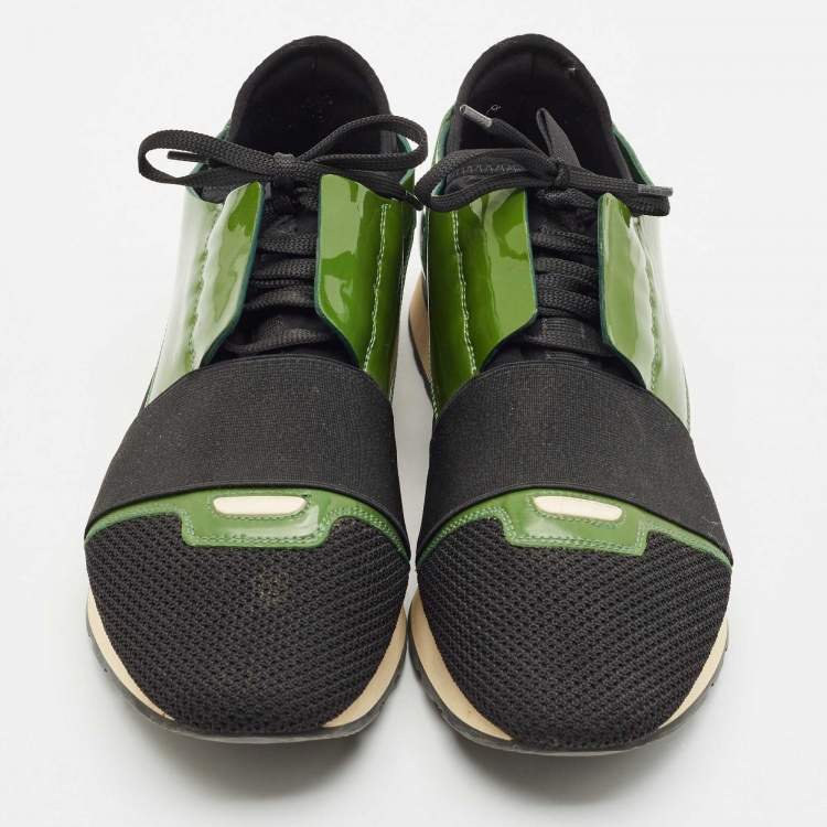 Pre Owned Balenciaga Black/Green Patent Leather and Mesh Race Runner Sneakers Size 41