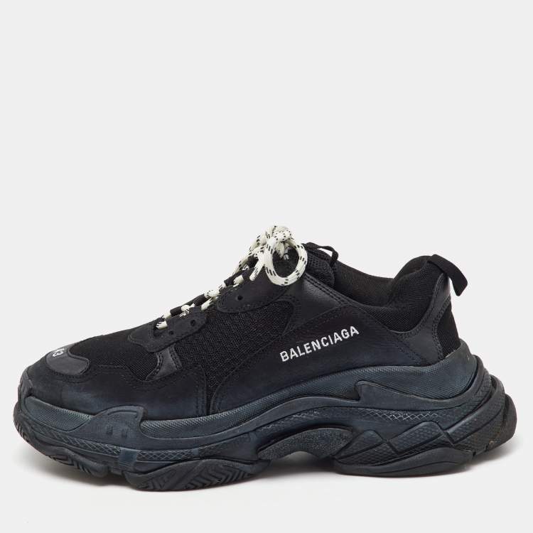 Pre Owned Balenciaga Black Faux Leather and Mesh Triple S Low Top Sneakers Size 43