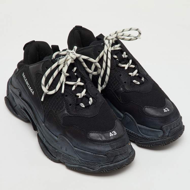 Pre Owned Balenciaga Black Faux Leather and Mesh Triple S Low Top Sneakers Size 43