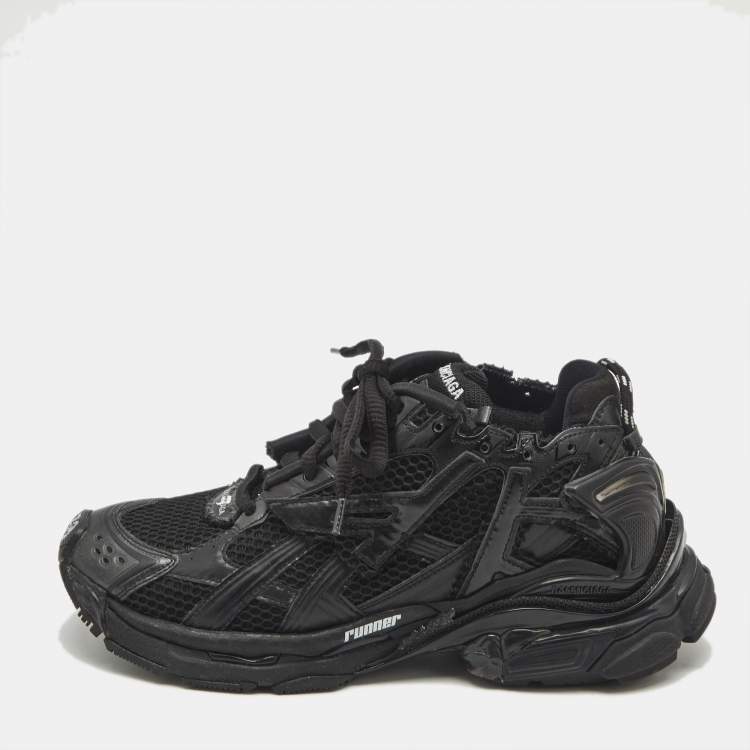 Pre Owned Balenciaga Black Mesh and Faux Leather Runner Sneakers Size 39