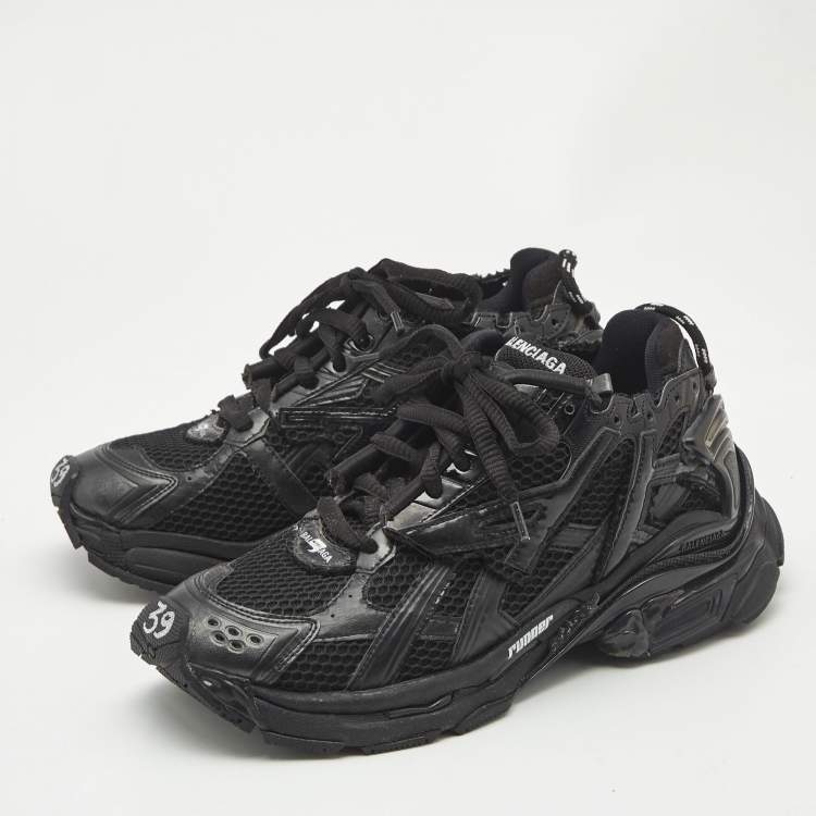 Pre Owned Balenciaga Black Mesh and Faux Leather Runner Sneakers Size 39