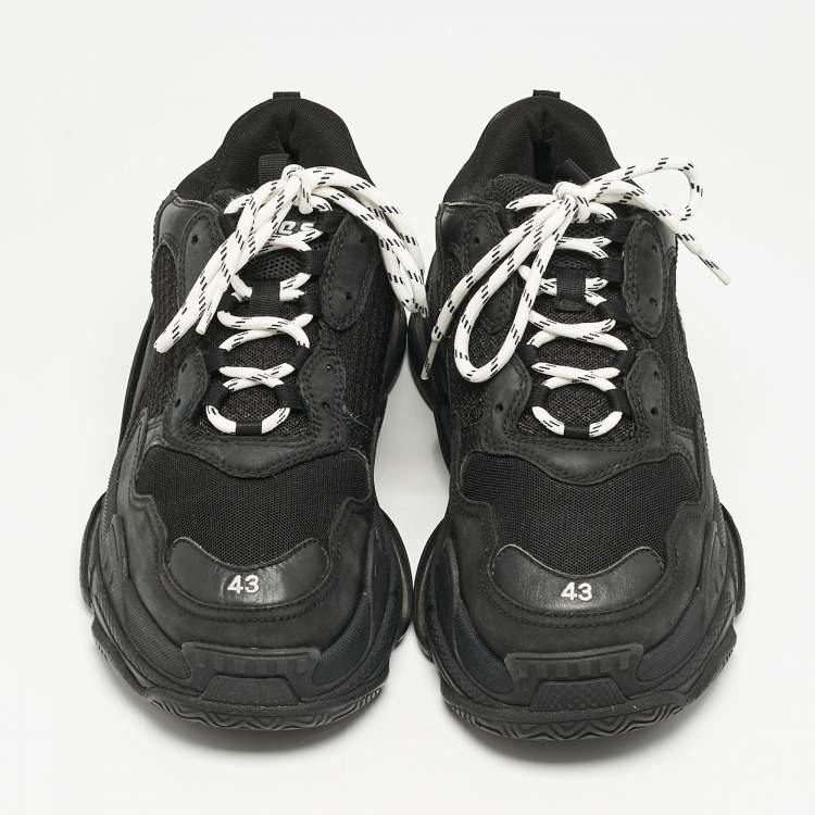 Pre Owned Balenciaga Black Faux Leather and Mesh Triple S Low Top Sneakers Size 43