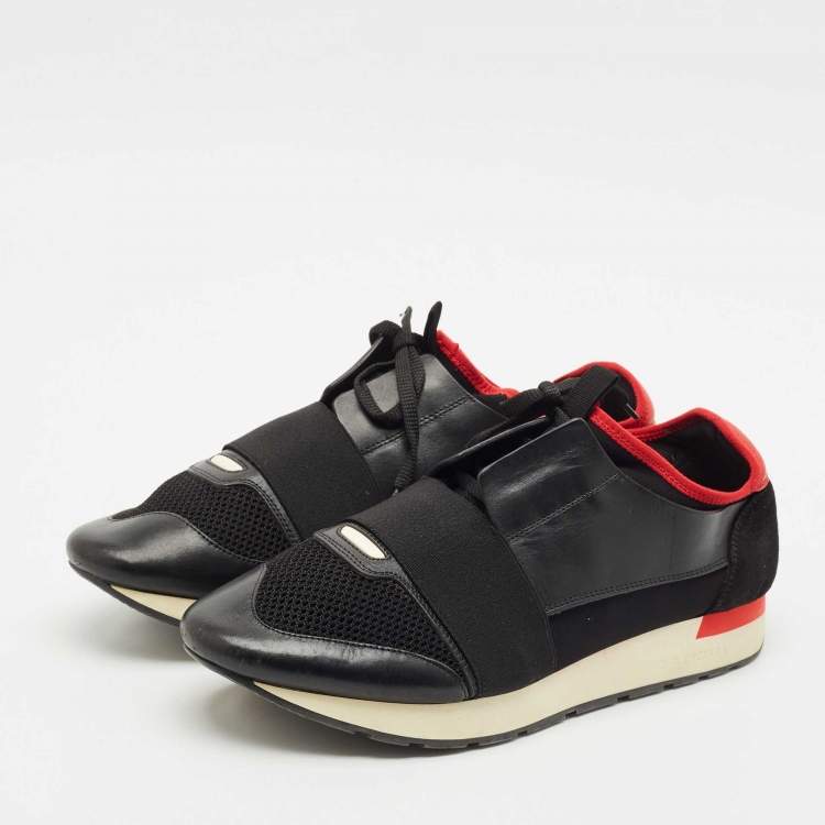 Pre Owned Balenciaga Black/Red Leather And Mesh Race Runner Low Top Sneakers Size 43