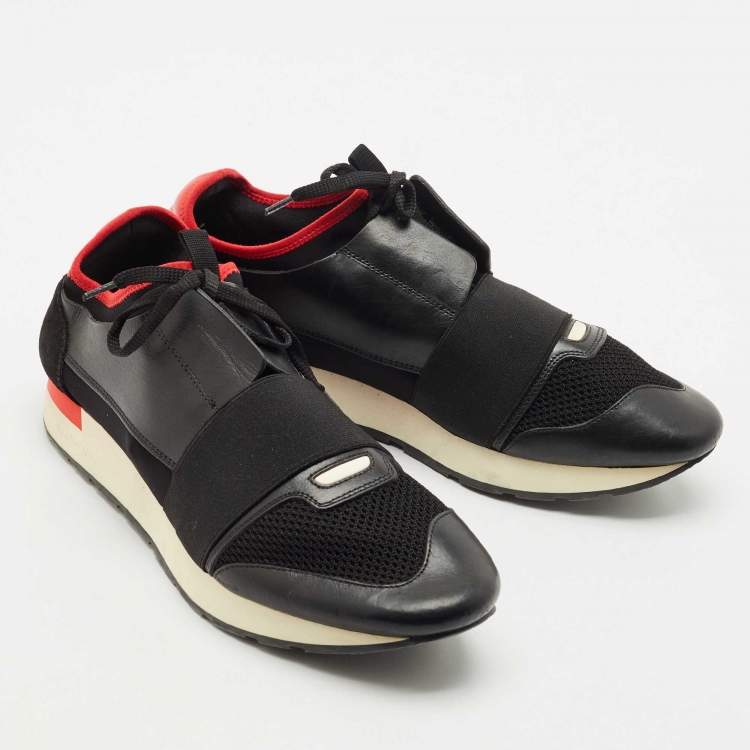 Pre Owned Balenciaga Black/Red Leather And Mesh Race Runner Low Top Sneakers Size 43