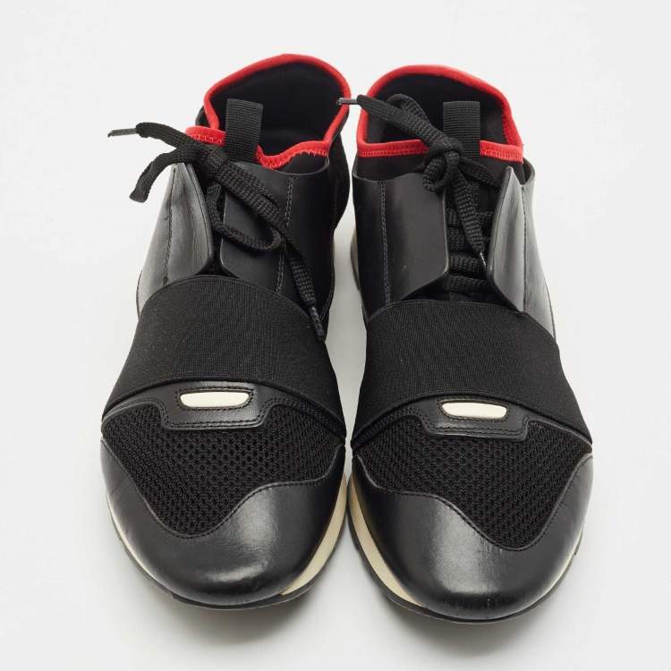 Pre Owned Balenciaga Black/Red Leather And Mesh Race Runner Low Top Sneakers Size 43
