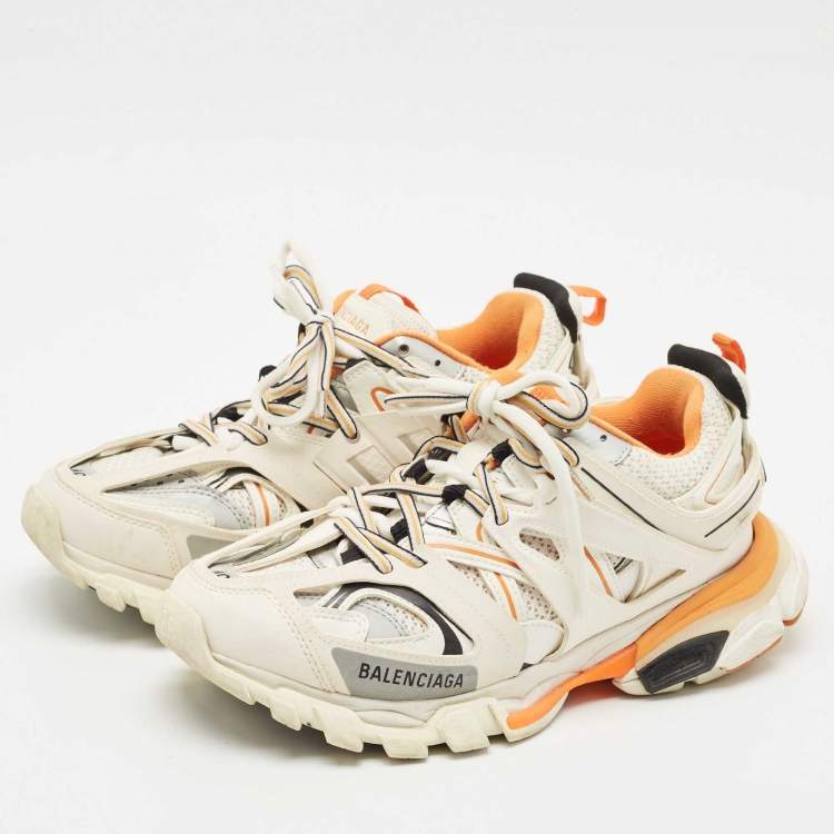 مملوكة مسبقًا Balenciaga White/Orange Mesh and Faux Leather Track Low Top Sneakers Size 40